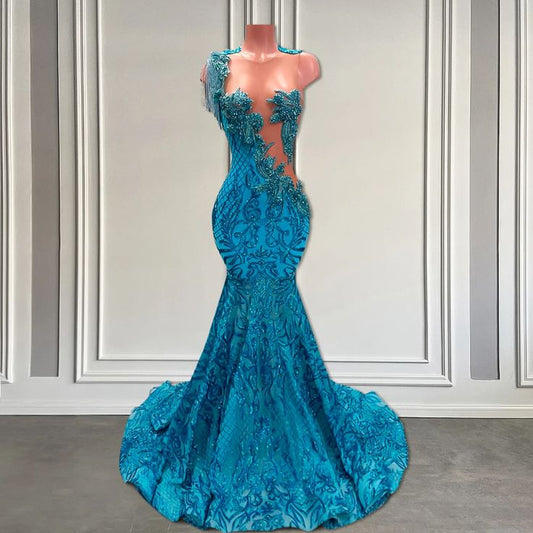 Sparkly Crystal Sequin Blue Asymmetrical Long Mermaid Prom Dress fg5139