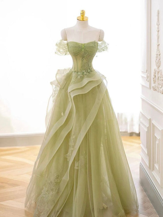 A-Line Off Shoulder Tulle Lace Green Long Prom Dress, Green Lace Long Formal Dress fg4818