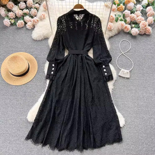 New French Lace Dress Over the Knee Long Skirt S4518