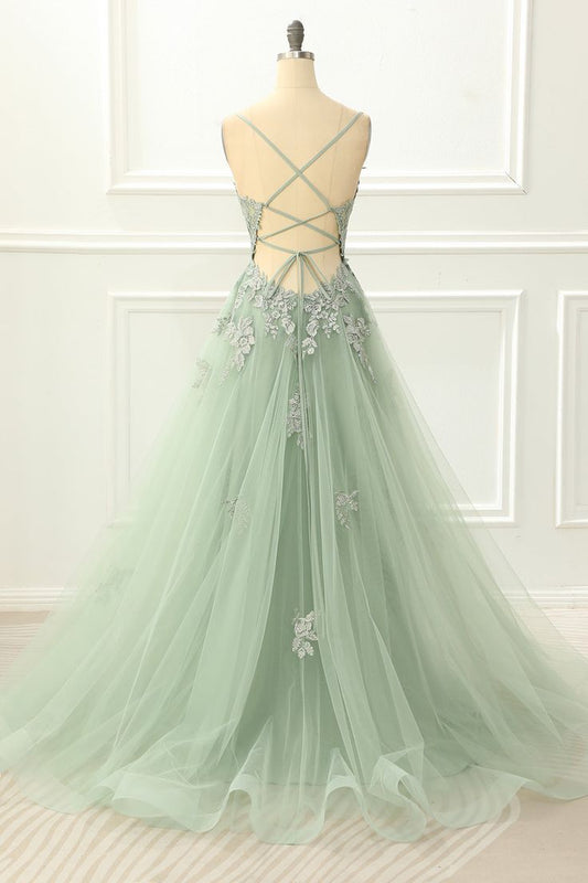 Spaghetti Straps Tulle Green Prom Dress with Appliques fg4657