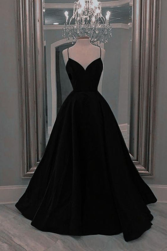 Black Spaghetti Straps Long Prom Dresses A Line Formal Evening Dress fg5080