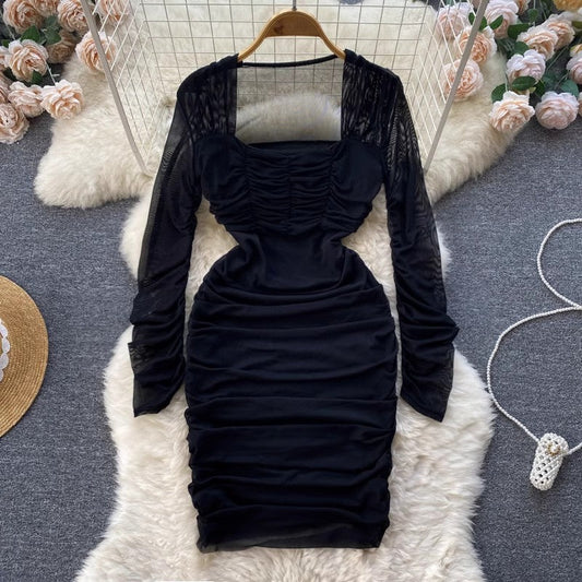 square neck dress hot girl pleated long-sleeved skirt S4571