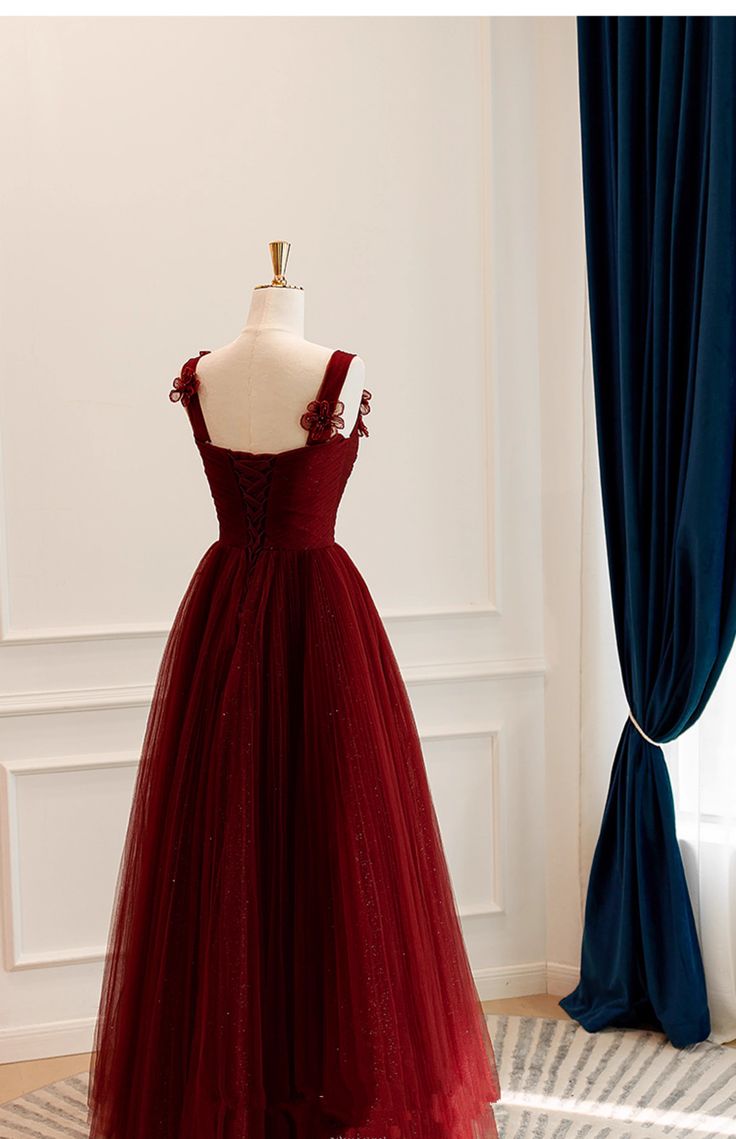 A-Line Tulle Sweetheart Straps Long Formal Dress, Wine Red Evening Dress Prom Dress S5177