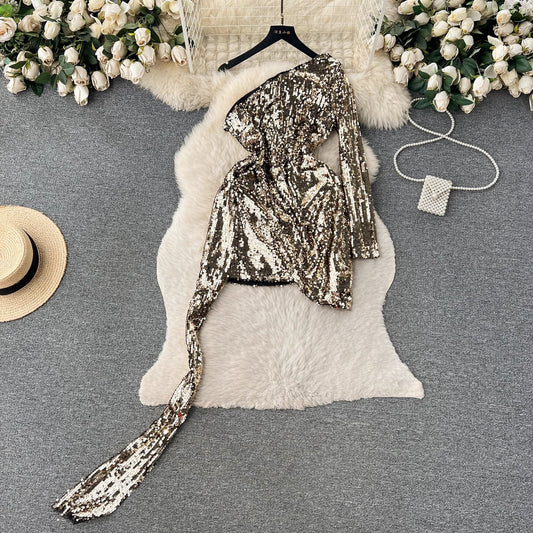 off-shoulder long-sleeved sequined dress for women party dress S4534