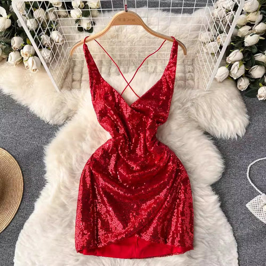 Glittery V-neck Suspender Dress Fashionable Lady Dress S4668