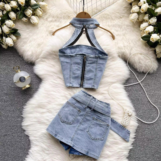 Street hot girl denim suit for women new halter neck short top two-piece set S4575
