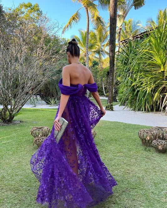 Purple A-Line Off Shoulder Floral Long Prom Dress Party Dress S5337
