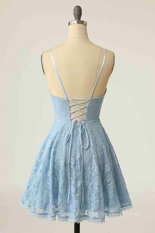 A-line V Neck Lace-Up Back Lace Mini Homecoming Dress S5077