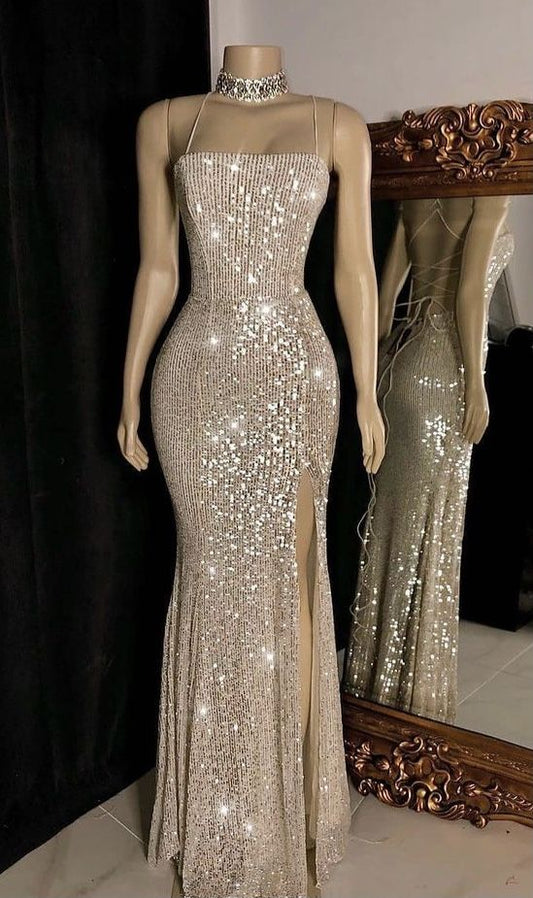 Sexy Sequin Spaghetti Straps Sleeveless Lace Up Back Side Slit Mermaid Long Prom Dresses fg4944
