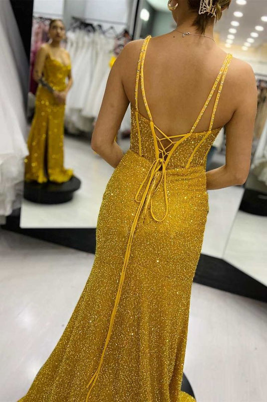 Sparkle Yellow Mermaid Long Evening Prom Dress fg4785