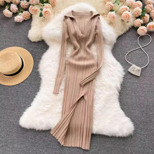 sexy elastic knitted long-sleeved skirt with slits S4505