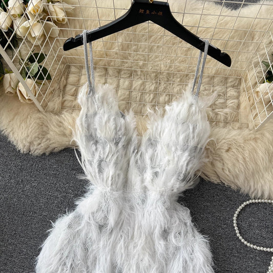 super fairy design feather tassel halter dress hot girl short skirt S4536