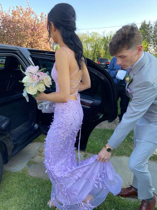 Purple Mermaid Prom Dresses Lace Appliques Evening Party Formal Gowns