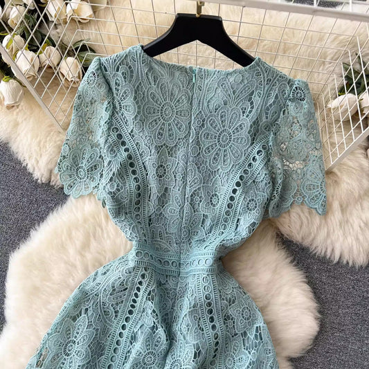 round neck ruffle sleeve lace dress women's new elegant long skirt S4554