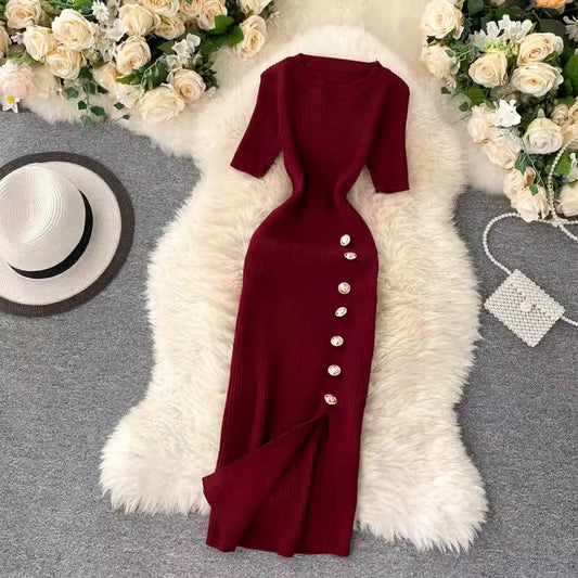 new popular women's simple solid color short-sleeved knitted dress S4660