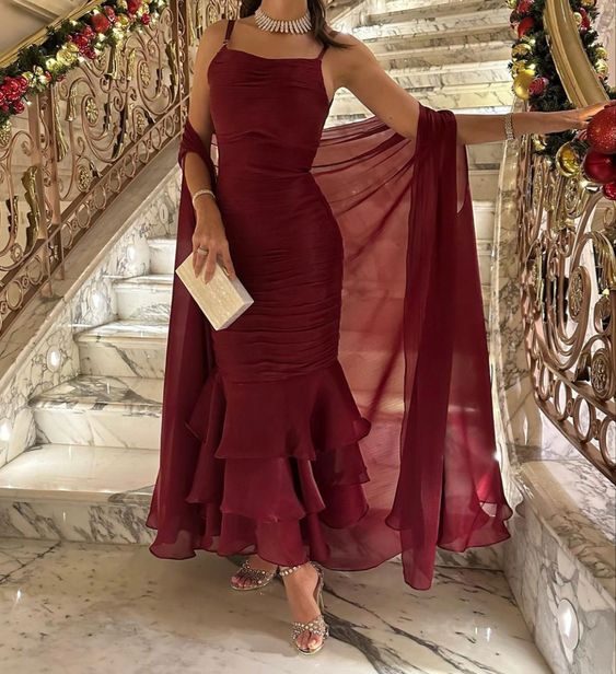 2 Pieces Elegant Evening Party Dresses Women Spaghetti Straps Mermaid Ruffles With Cape Sleeveless Prom Dresses S5249