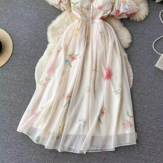 French tube top suspender dress for women floral puff sleeves mesh skirt S4529