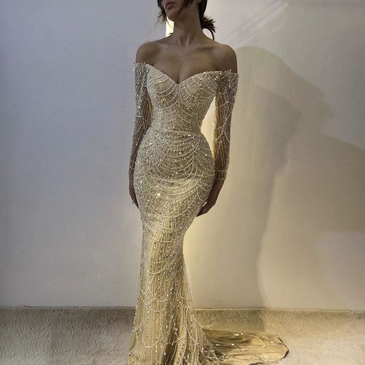 Luxury Dubai Evening Birthday Dress 2024 Beads Sequins Off The Shoulder Long Sleeves Mermaid Sweep Train Formal Prom Gowns
