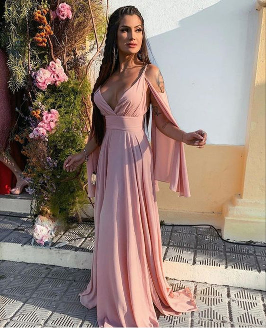 pink chiffon long prom dress, pink evening dress S4962