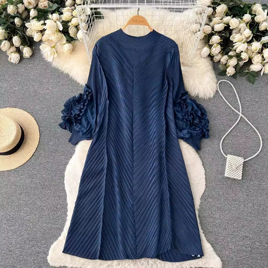 ruffled puff sleeve mid-length dress for women S4578