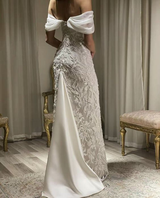 Gorgeous Off Shoulder Appliques Long Prom Dress Wedding Dress fg5161
