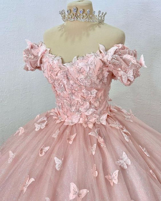 Pink Quinceanera Dresses With Butterflies Girls Sweet 15 Birthday Party Ball Gown Dress