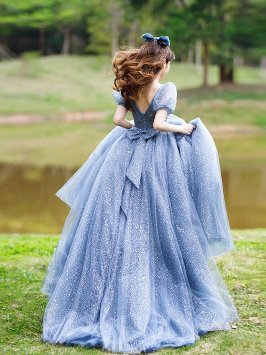 Blue Tulle V Neck Tulle Long Prom Dress, Blue Sweet 16 Dress fg4465