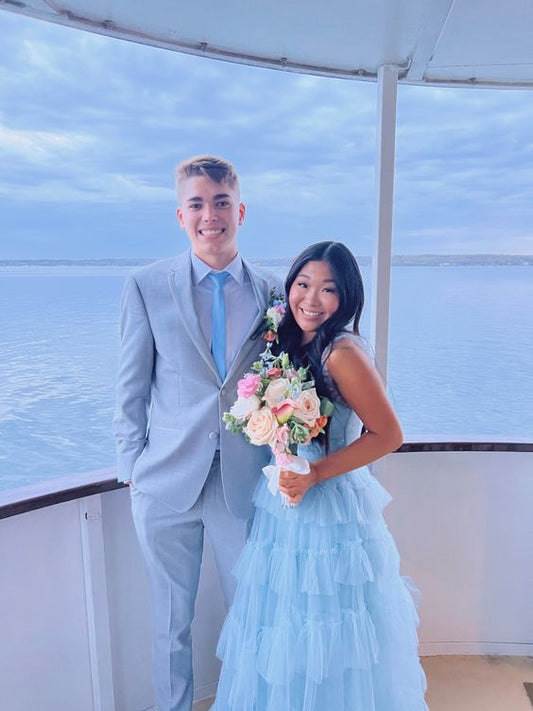 Light Blue Tulle Layered Long Prom Dress Elegant Evening Dress S5160
