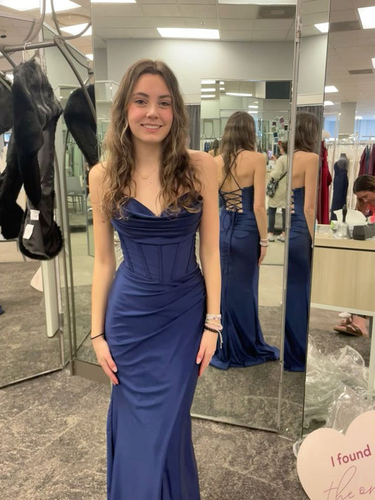 Navy Blue Spaghetti Straps Long Prom Dress Evening Dresses fg4964