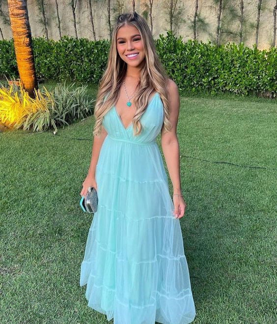 V Neck a line Prom Dresses with spaghetti strap S4963