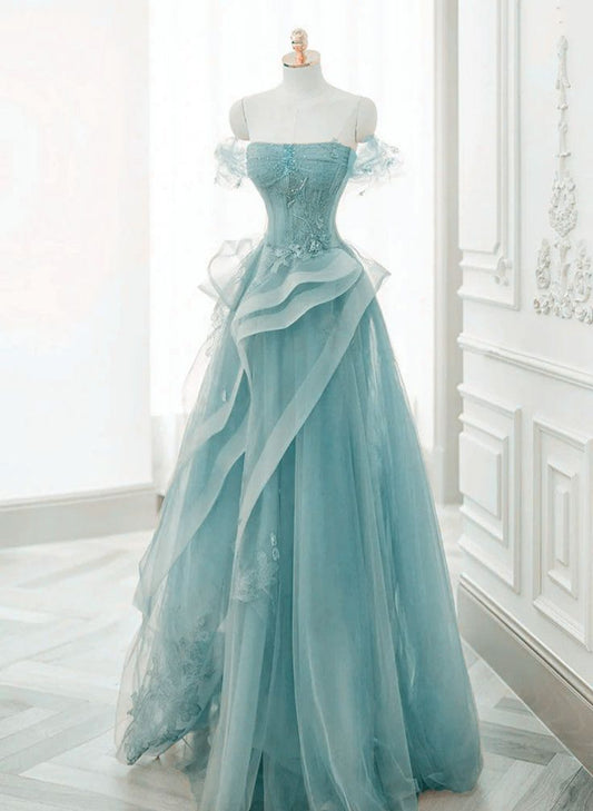 Tulle Off Shoulder Beaded Lace Long Prom Dress, Formal Dress fg4913