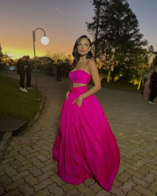 Hot Pink A-Line Long Prom Dress Two Piece Formal Evening Dress fg5175