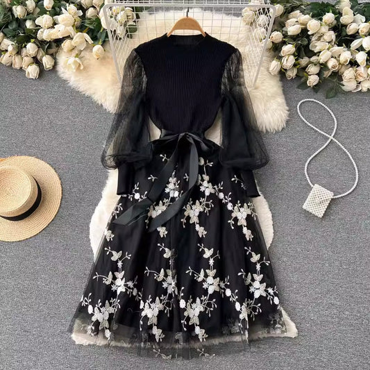 black dress A-line embroidered lace mesh dress S4643