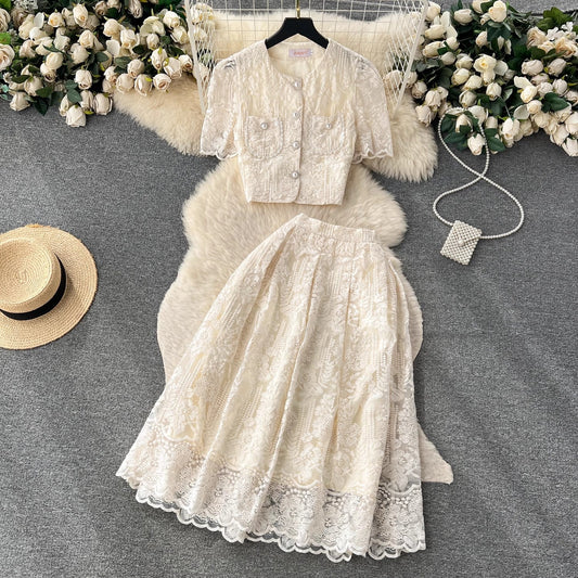 lace puff sleeve shirt two-piece S4569
