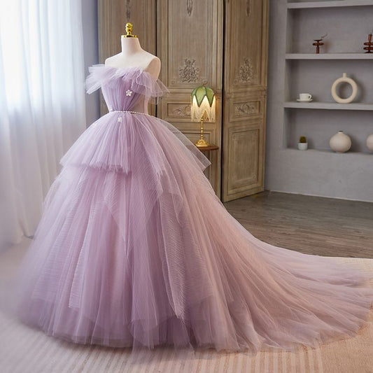 Elegant Lavender Cascading Ruffles Appliques Prom Dresses fg4417