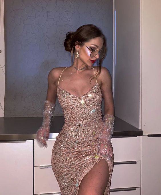 Sequin Evening Dress, Prom Party Dress With Slit S5211