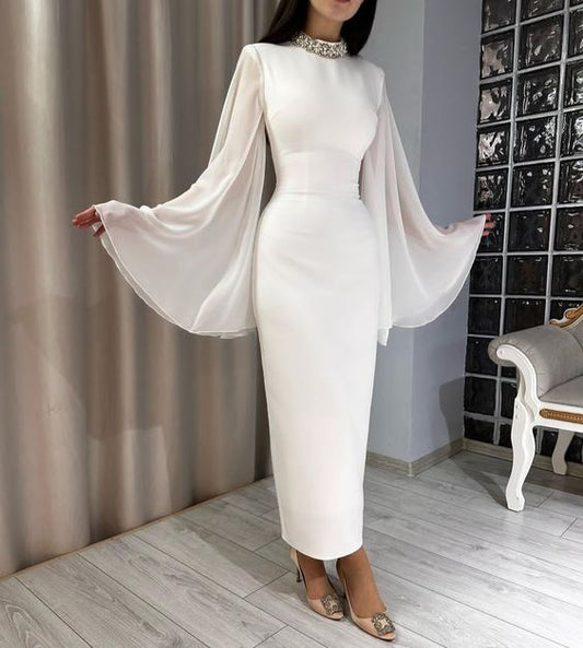 White Long Sleeves Evening Dress Custom Made Ankle Length Prom Gown