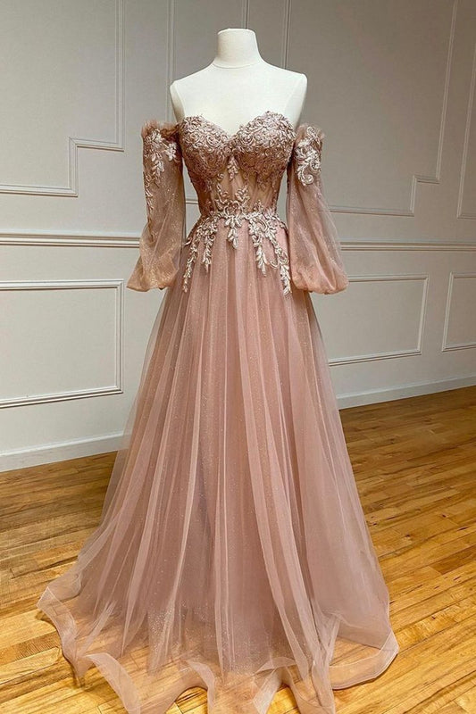 A-Line Tulle Lace Long Prom Dresses, Off the Shoulder Lace Formal Dresses fg4471