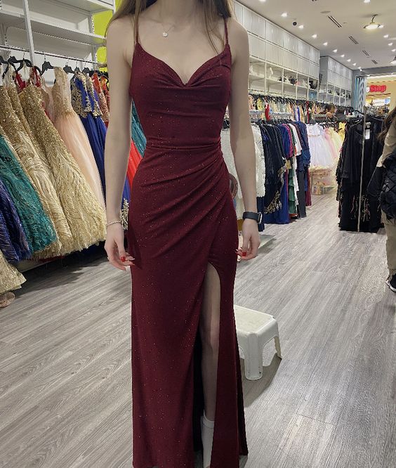 Burgundy Long Prom Dress Evening Gown With Slit