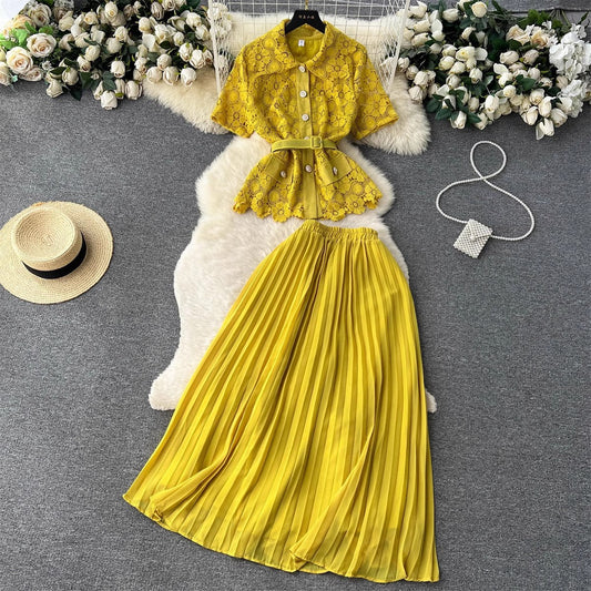 suit for women fashionable short-sleeved pleated skirt two-piece trendy set S4655