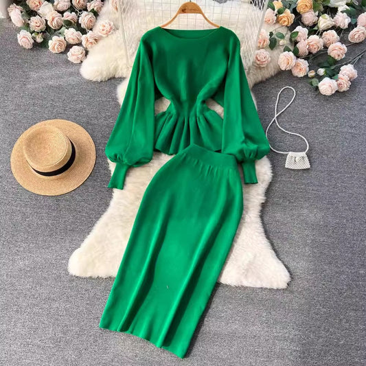 suit for women design ruffled lantern sleeve top + skirt two-piece set S4579