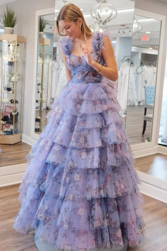 Print Flutter Sleeve Ruffle Tiered Long Prom Dress fg4607