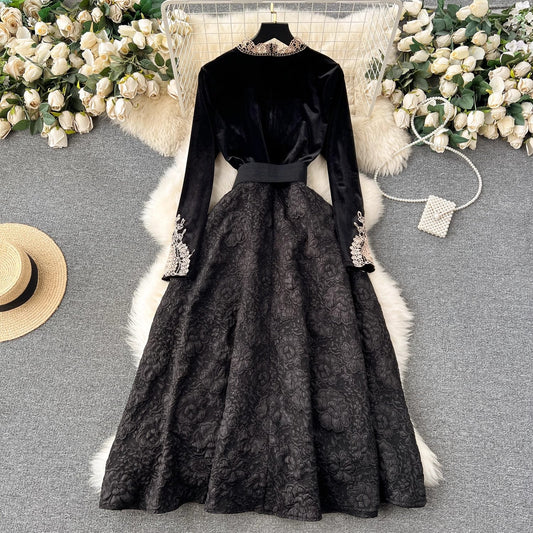 Retro velvet dress for women new little black dress S4503