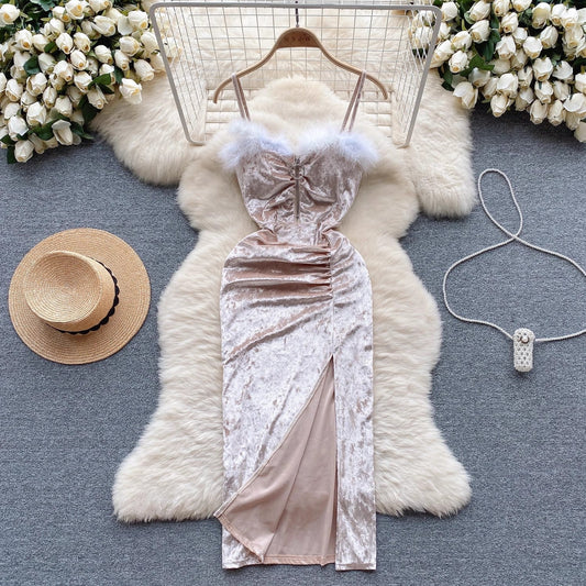 velvet dress for women with feather slit design and elegant long skirt S4525