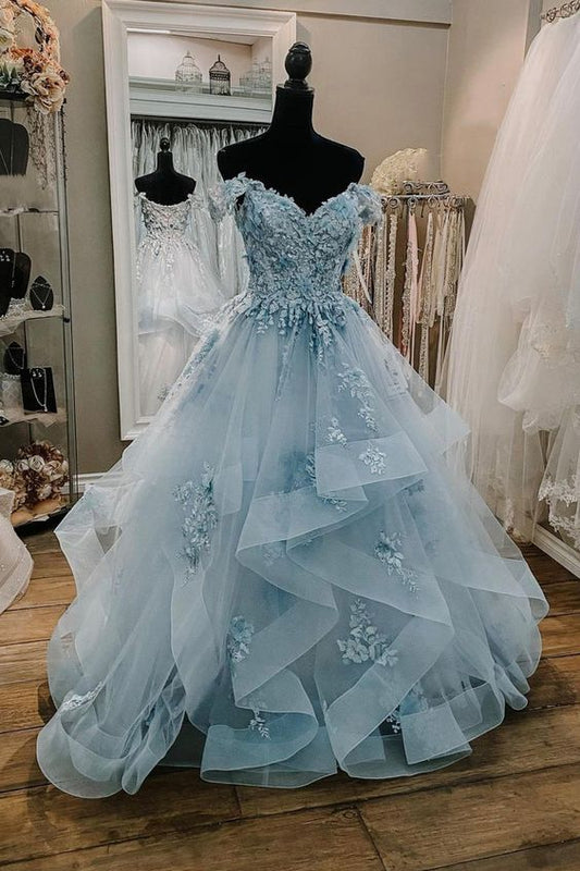 Blue Tulle Lace Long Prom Dresses, Off the Shoulder Evening Dresses S5086