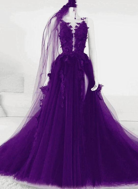 Tulle With Lace Applique Long Party Dress, A-Line Tulle Formal Dress fg4869