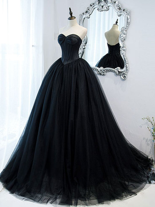 Black Sweetheart Neck Tulle Long Prom Dress, Black Formal Evening Dress S5193