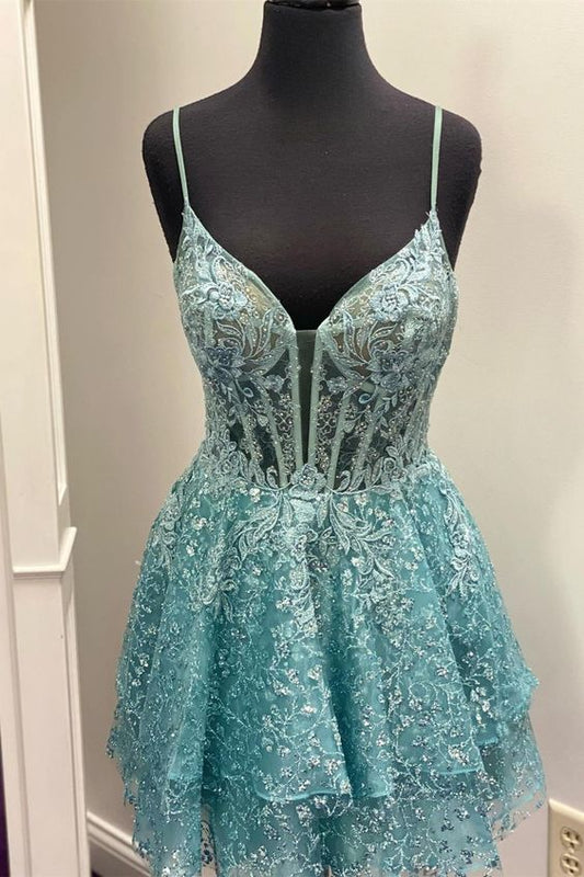 Straps Deep V Neck Appliques A-line Multi-Layers Homecoming Dress fg5301