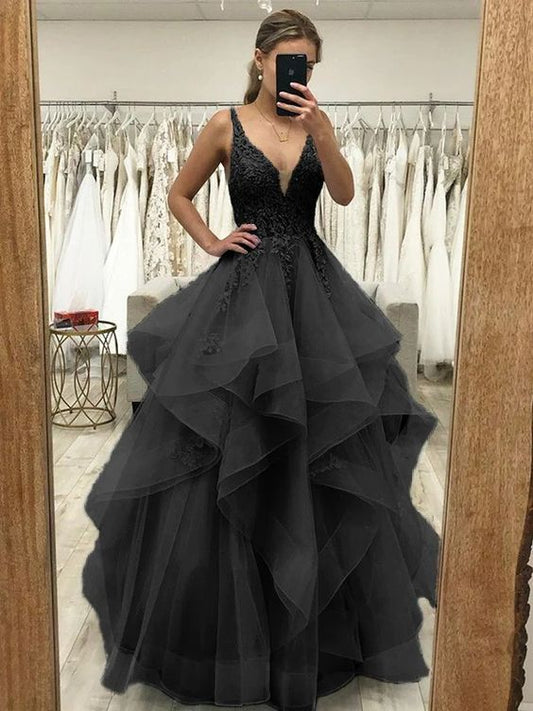 A-Line/Princess Tulle Applique V-neck Sleeveless Floor-Length Dresses Prom Dress fg4509