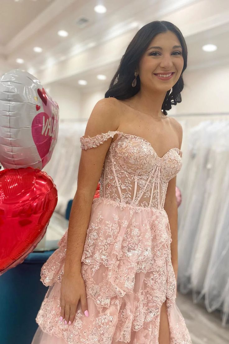 Pink A-Line Off The Shoulder Tiered Prom Dress S5161